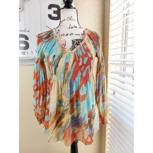 SUNNY LEIGH womens Size XS Tunic Top Multicolor Bell Sleeve Pleated Lightweight